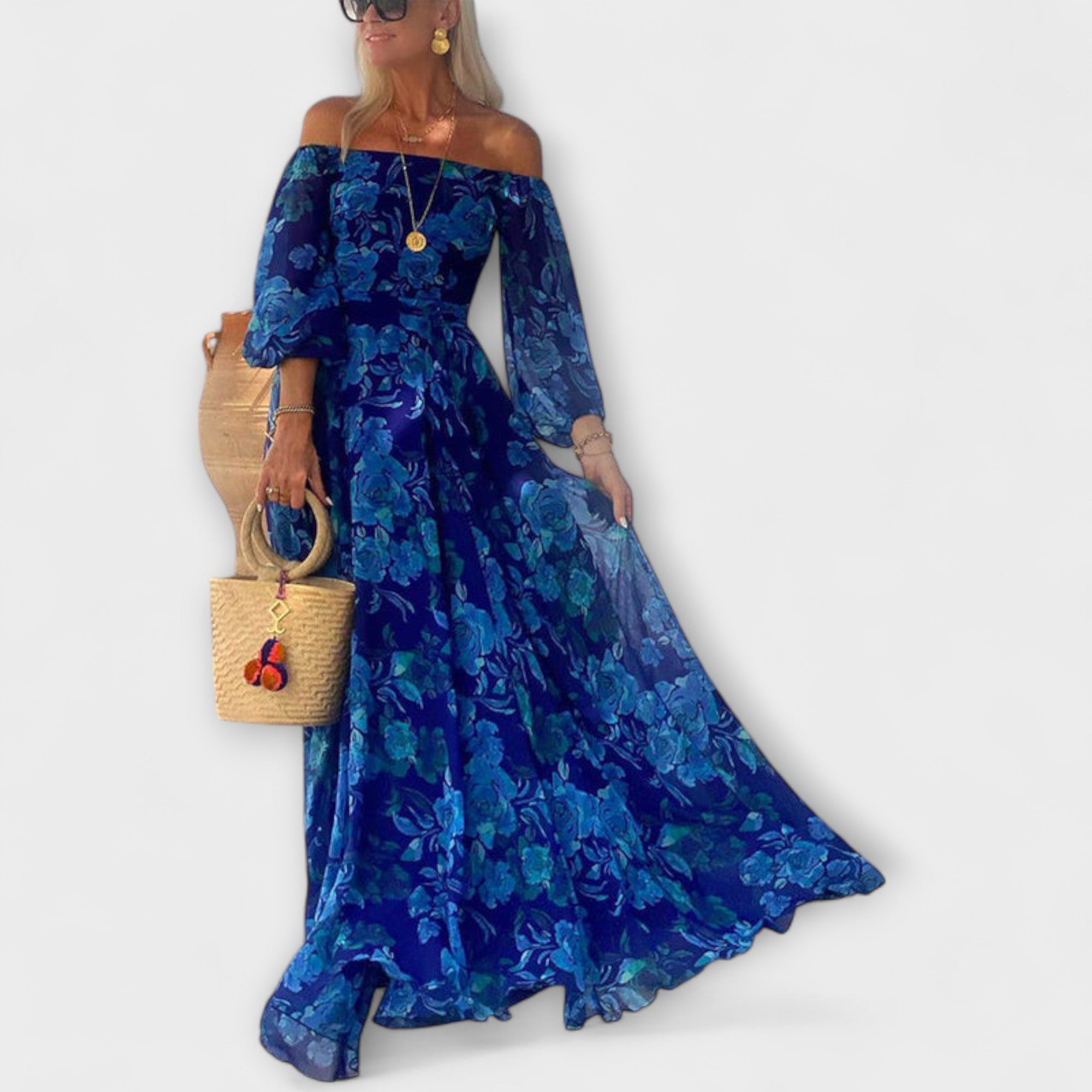 Juniper – Robe longue fleurie à épaules dénudées et haut froncé, idéale pour les vacances
