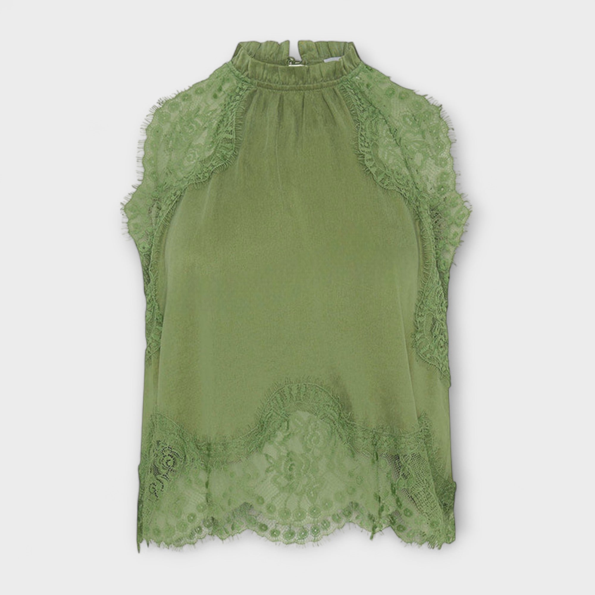 Kaia - Blouse en satin à liseré de dentelle et encolure plissée, en ensemble
