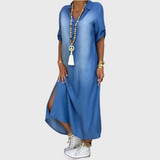 Lea - Robe longue effet denim avec fente latérale