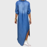 Lea - Robe longue effet denim avec fente latérale
