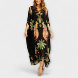 Linda - Robe épaules dénudées à épaule asymétrique et imprimé palmiers