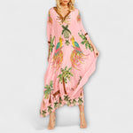 Linda - Robe épaules dénudées à épaule asymétrique et imprimé palmiers