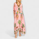 Linda - Robe épaules dénudées à épaule asymétrique et imprimé palmiers