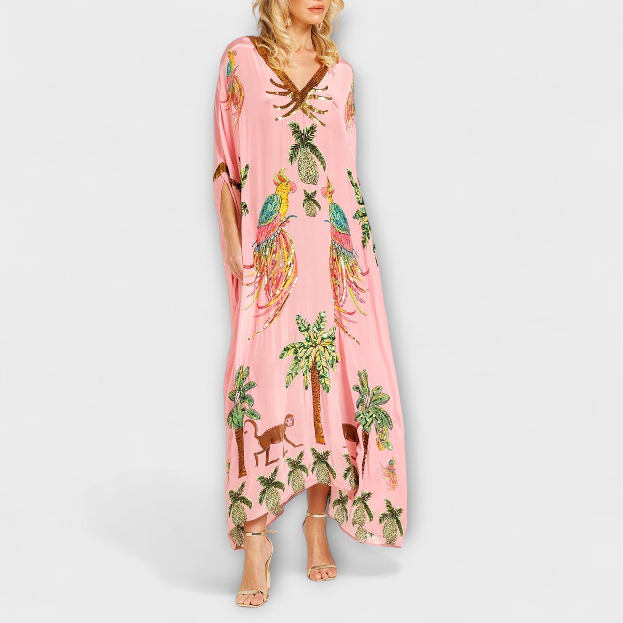 Linda - Robe épaules dénudées à épaule asymétrique et imprimé palmiers