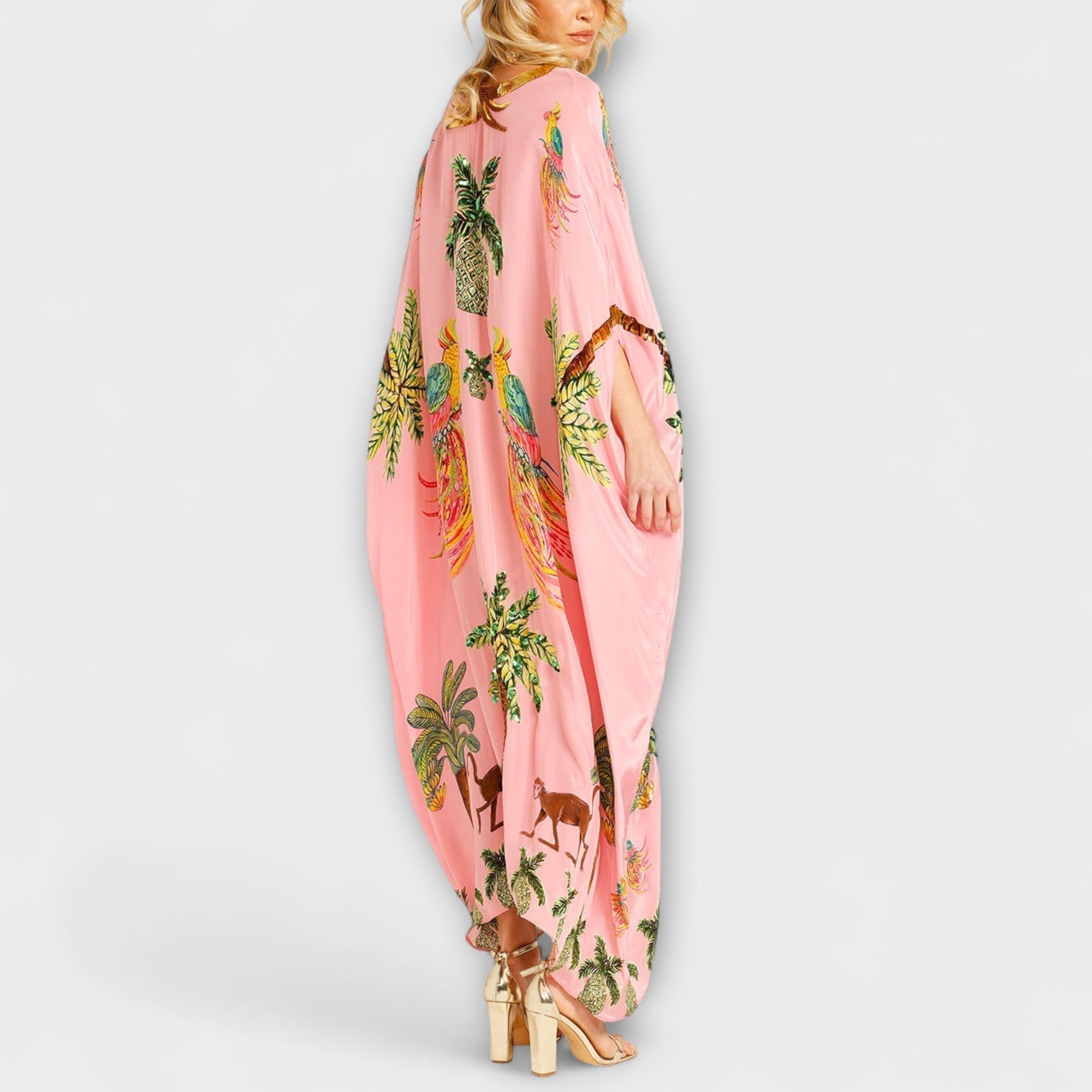 Linda - Robe épaules dénudées à épaule asymétrique et imprimé palmiers