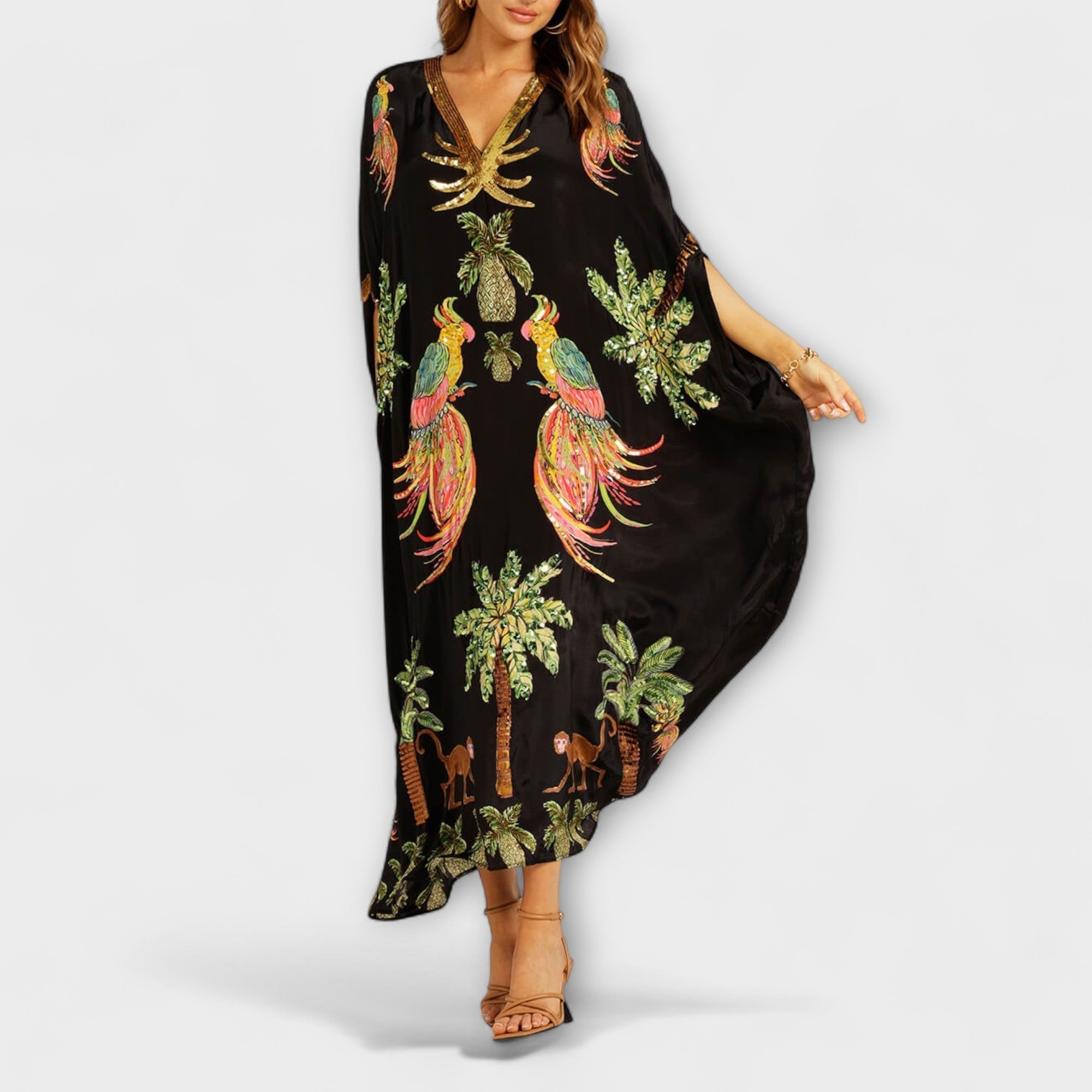 Linda - Robe épaules dénudées à épaule asymétrique et imprimé palmiers