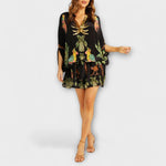 Linda - Robe épaules dénudées à épaule asymétrique et imprimé palmiers
