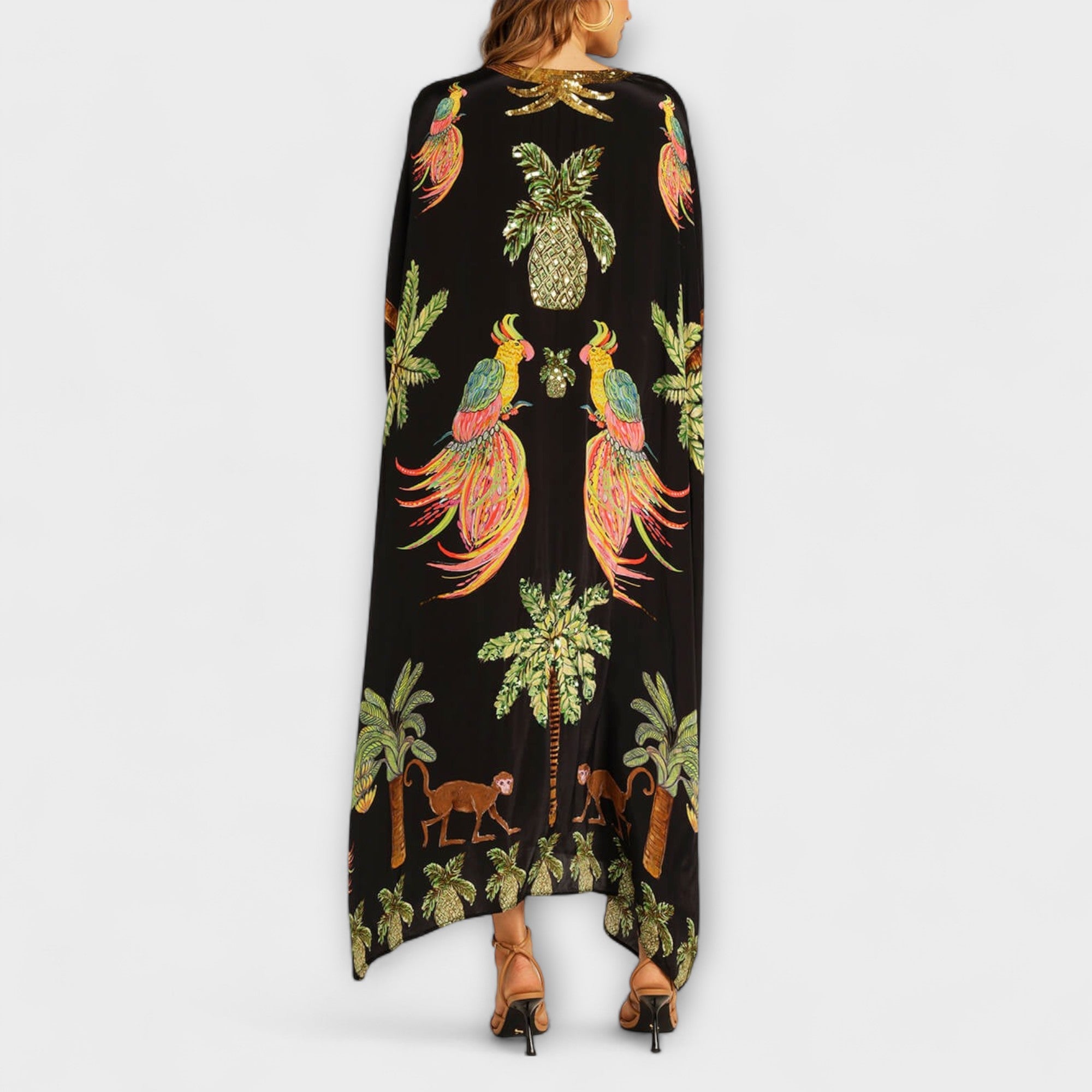 Linda - Robe épaules dénudées à épaule asymétrique et imprimé palmiers