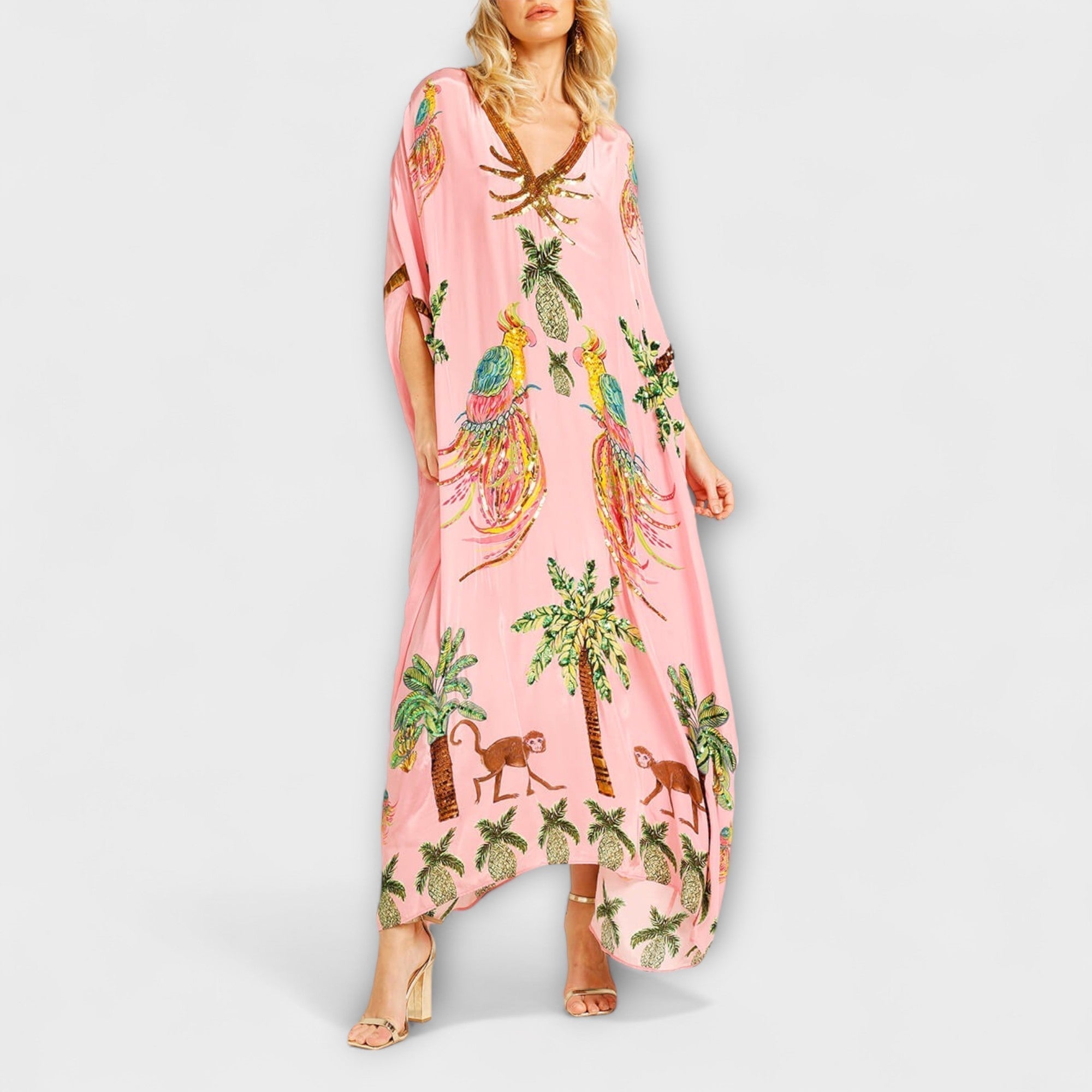 Linda - Robe épaules dénudées à épaule asymétrique et imprimé palmiers