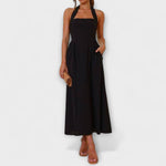 Lydia - Robe mi-longue noire à col halter et détail taille