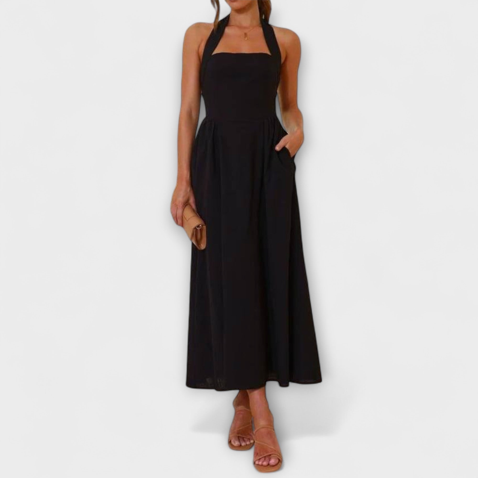 Lydia - Robe mi-longue noire à col halter et détail taille