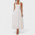 Lydia - Robe mi-longue noire à col halter et détail taille