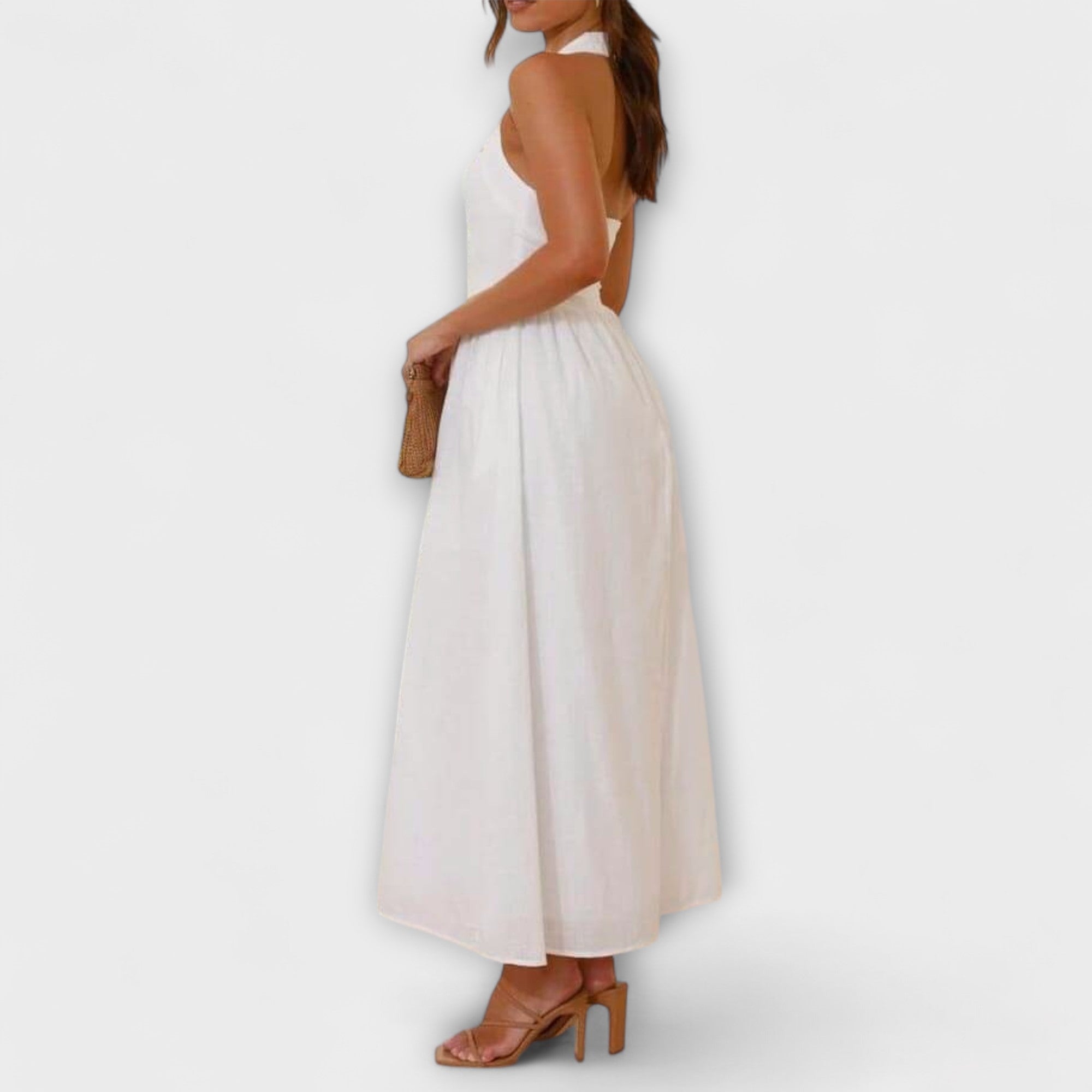Lydia - Robe mi-longue noire à col halter et détail taille