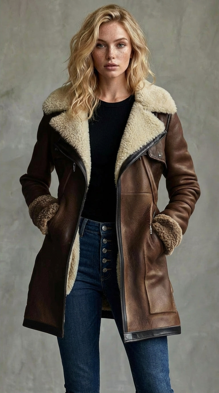 Manteau vintage à col contrastant en peau d'agneau