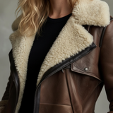 Manteau vintage à col contrastant en peau d'agneau