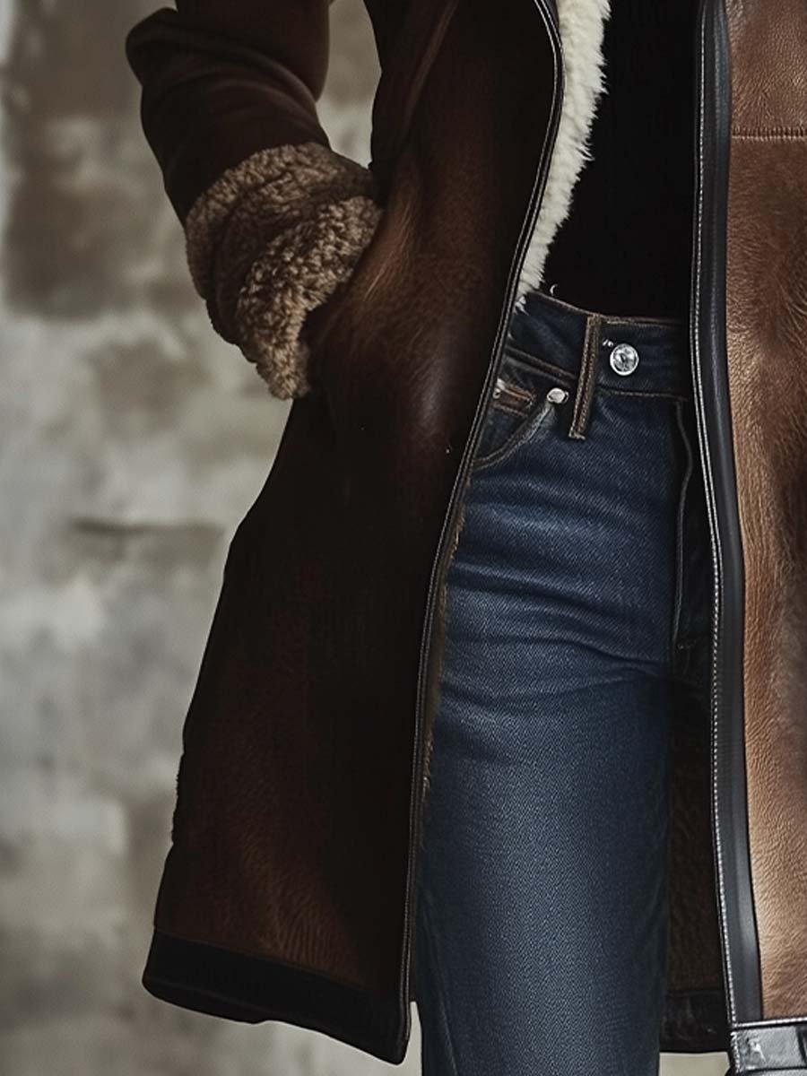 Manteau vintage à col contrastant en peau d'agneau