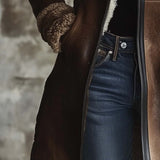 Manteau vintage à col contrastant en peau d'agneau
