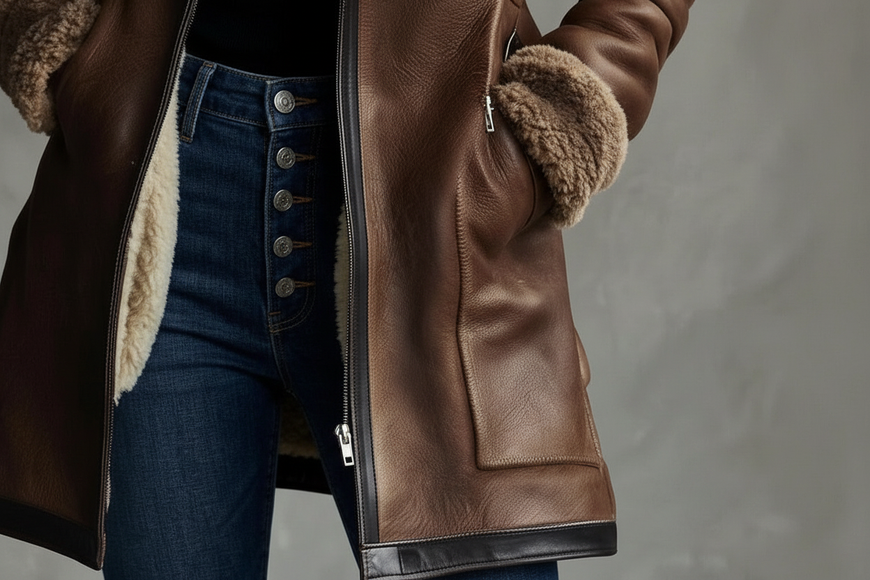 Manteau vintage à col contrastant en peau d'agneau