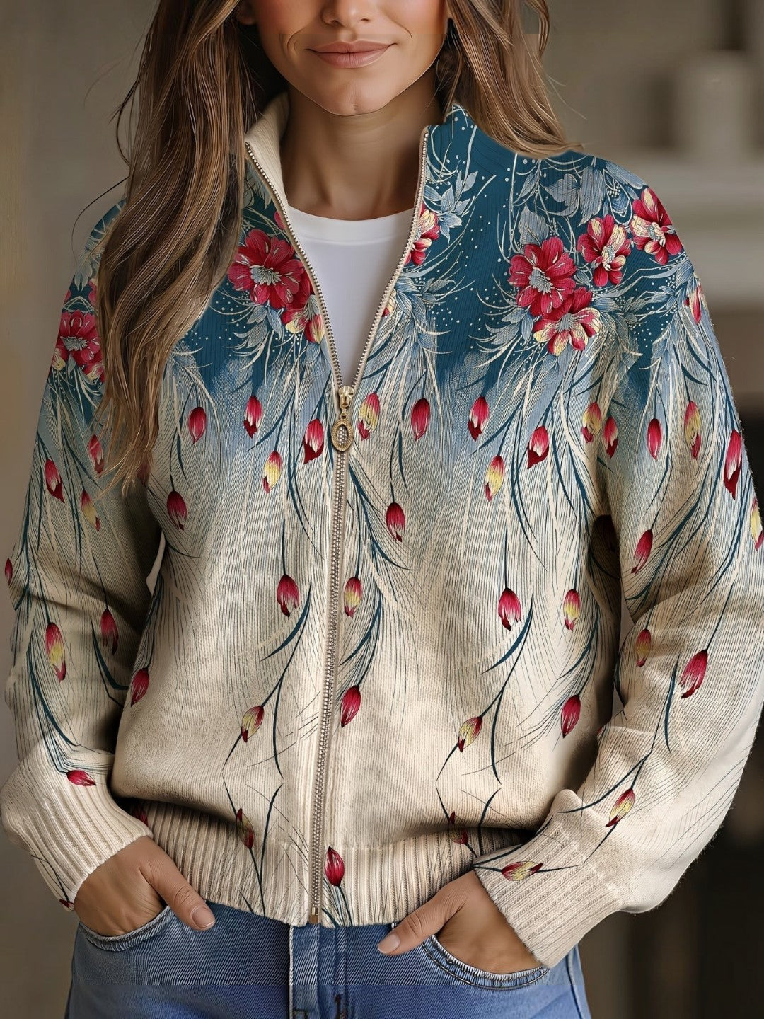 Marion | Cardigan à motif de plumes de paon