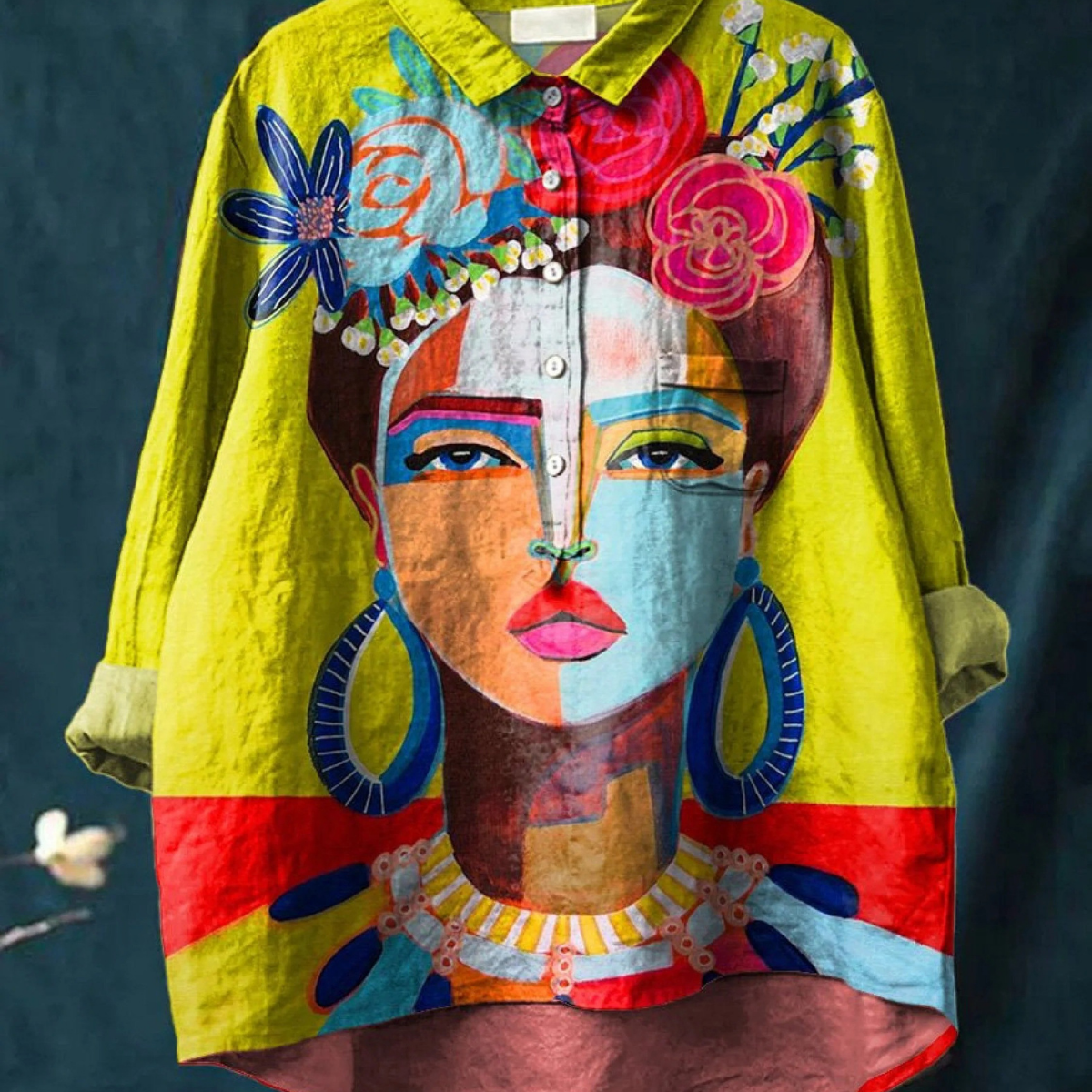 Martha | Blouse décontractée à imprimé portrait de Frida façon peinture à l'huile