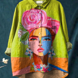 Martha | Blouse décontractée à imprimé portrait de Frida façon peinture à l'huile