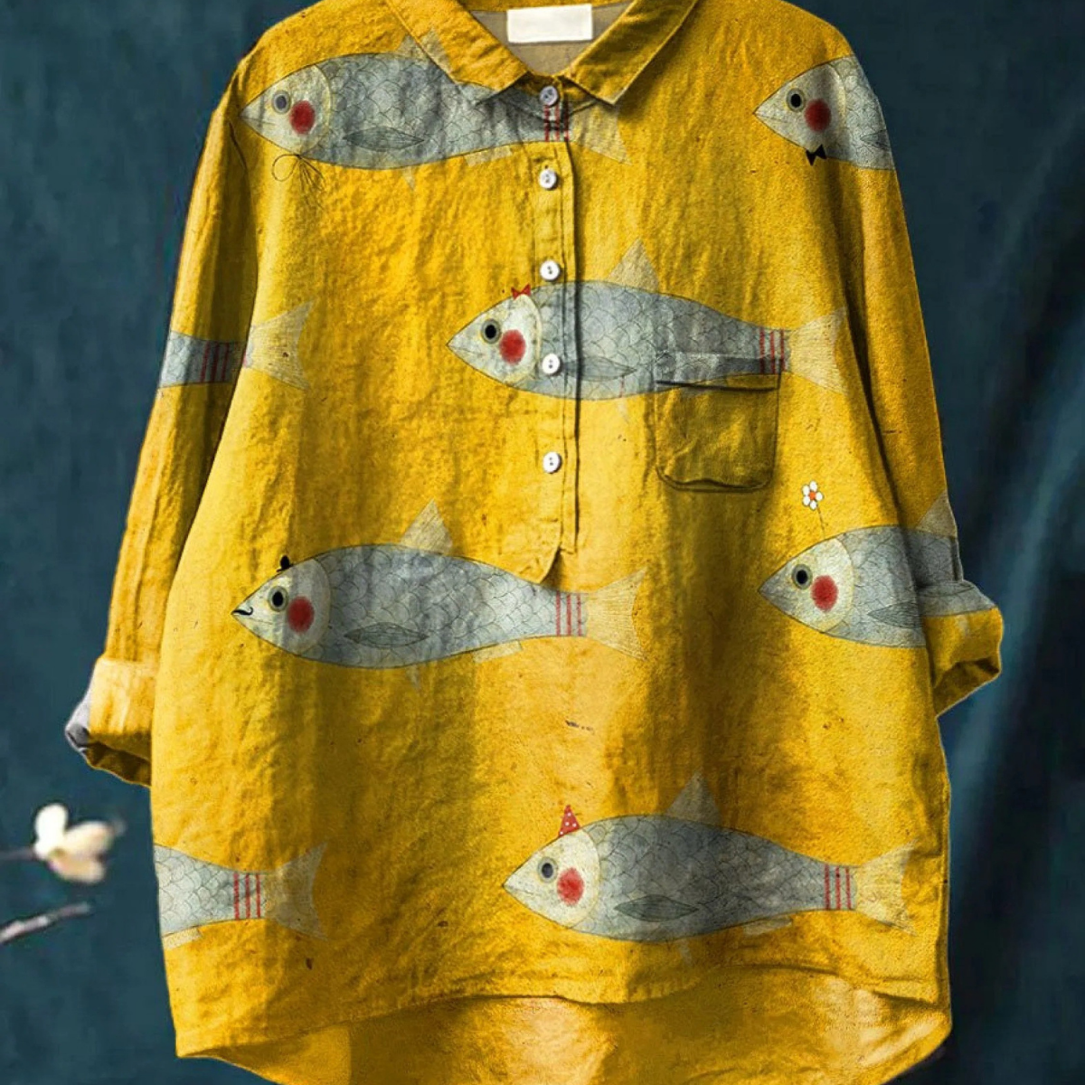 Martha | Blouse décontractée vintage à imprimé artistique poisson