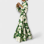 Melina - Robe longue verte à manches longues et col en V