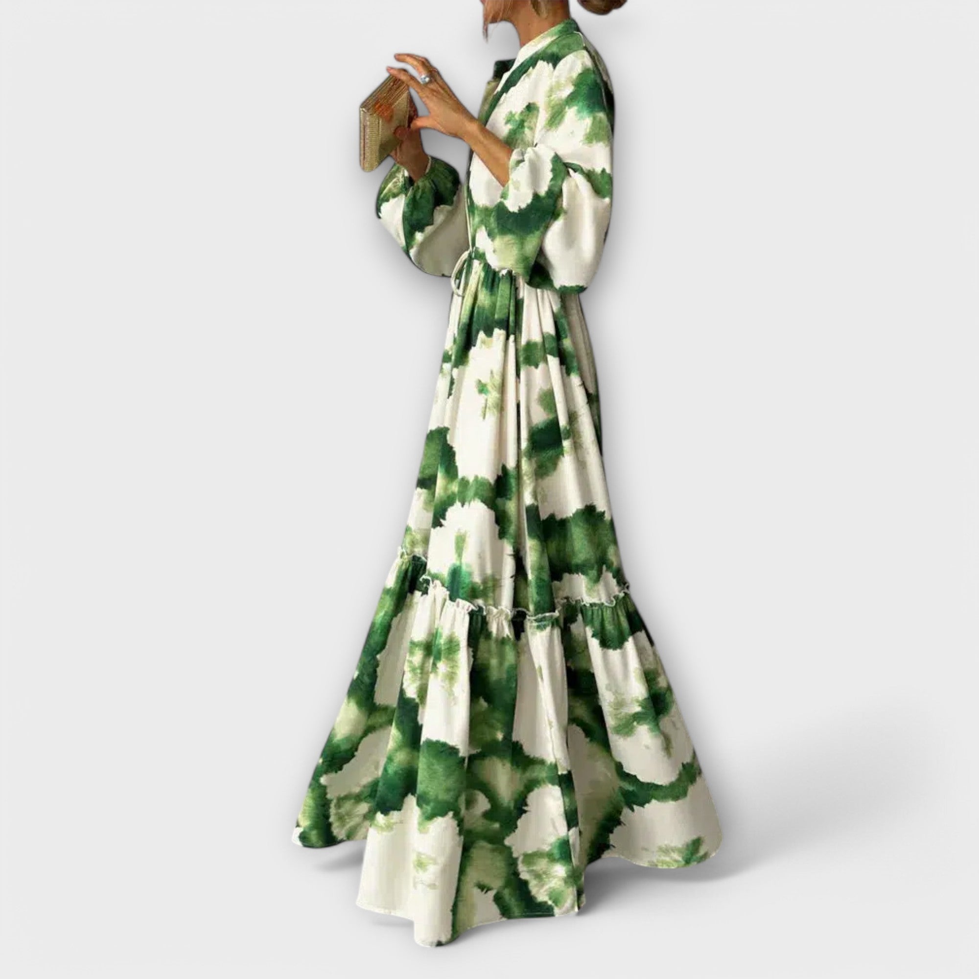 Melina - Robe longue verte à manches longues et col en V