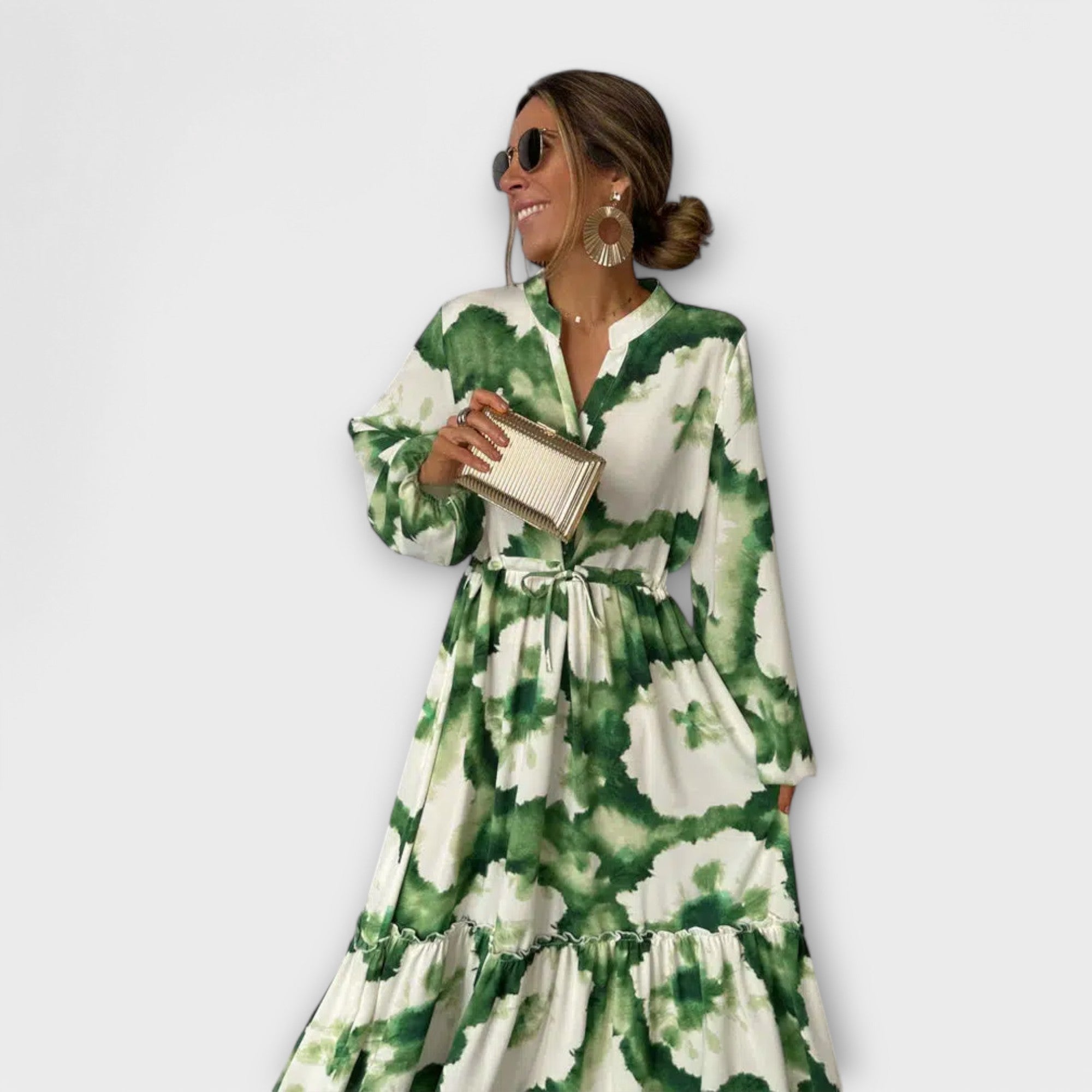 Melina - Robe longue verte à manches longues et col en V