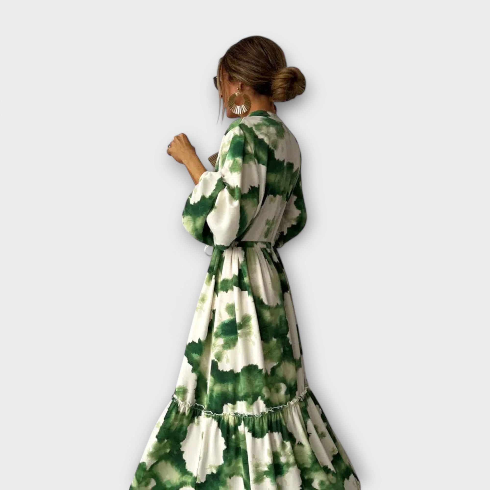 Melina - Robe longue verte à manches longues et col en V