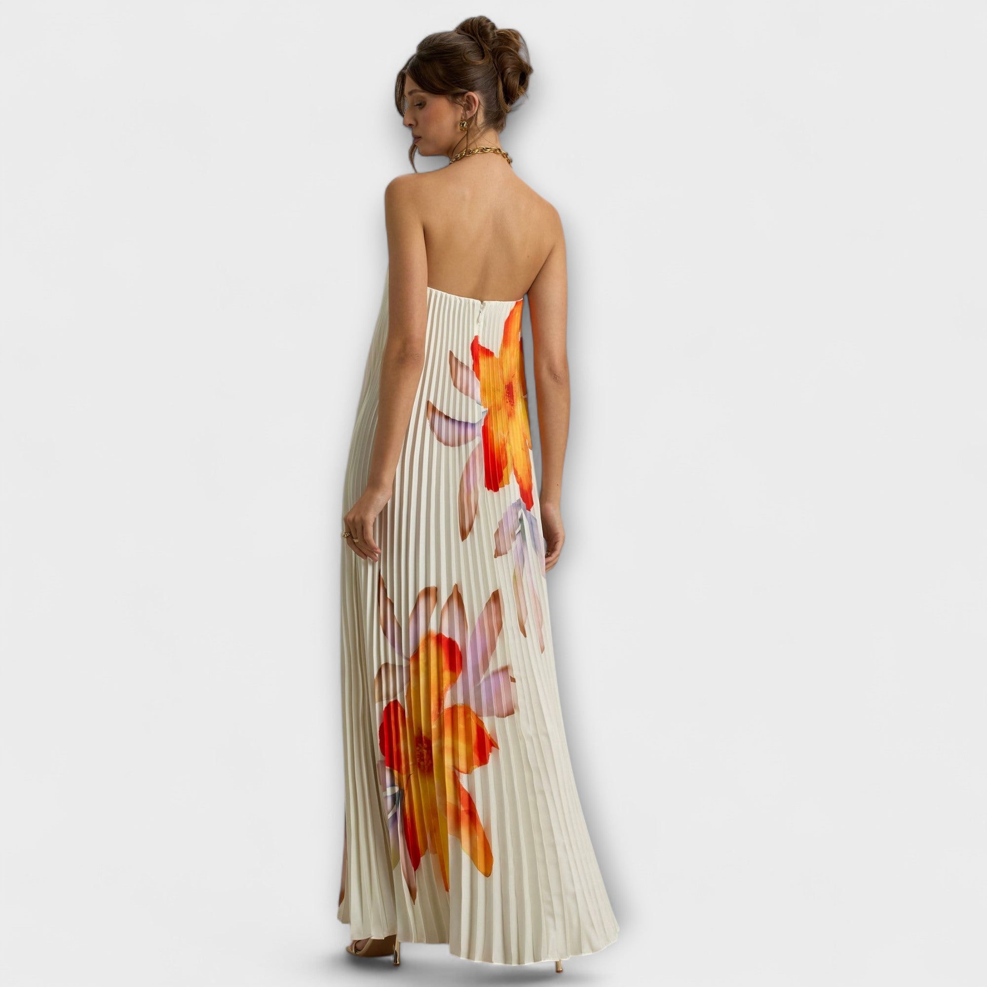 Michelle - Robe longue décolleté cœur fleurie orange