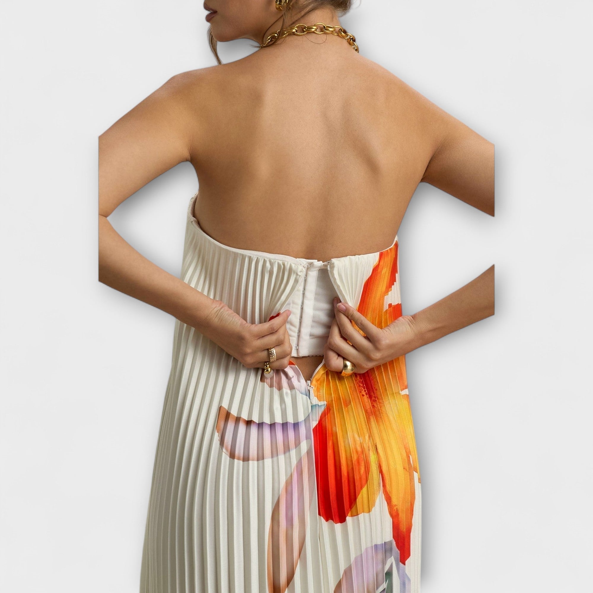 Michelle - Robe longue décolleté cœur fleurie orange