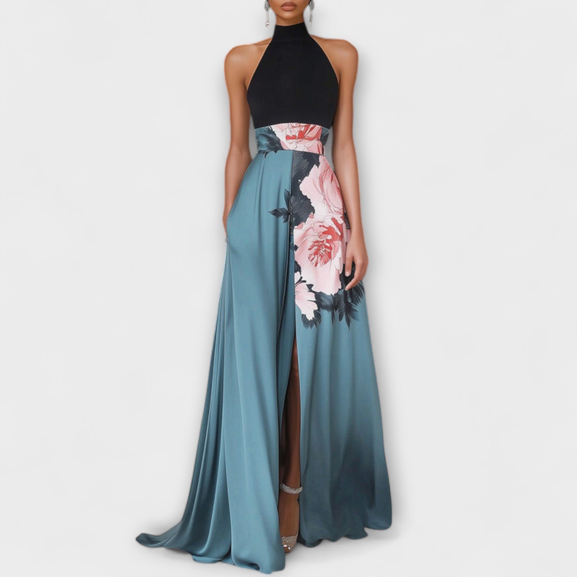 Natalie - Robe longue trapèze fleurie à col rond sans manches