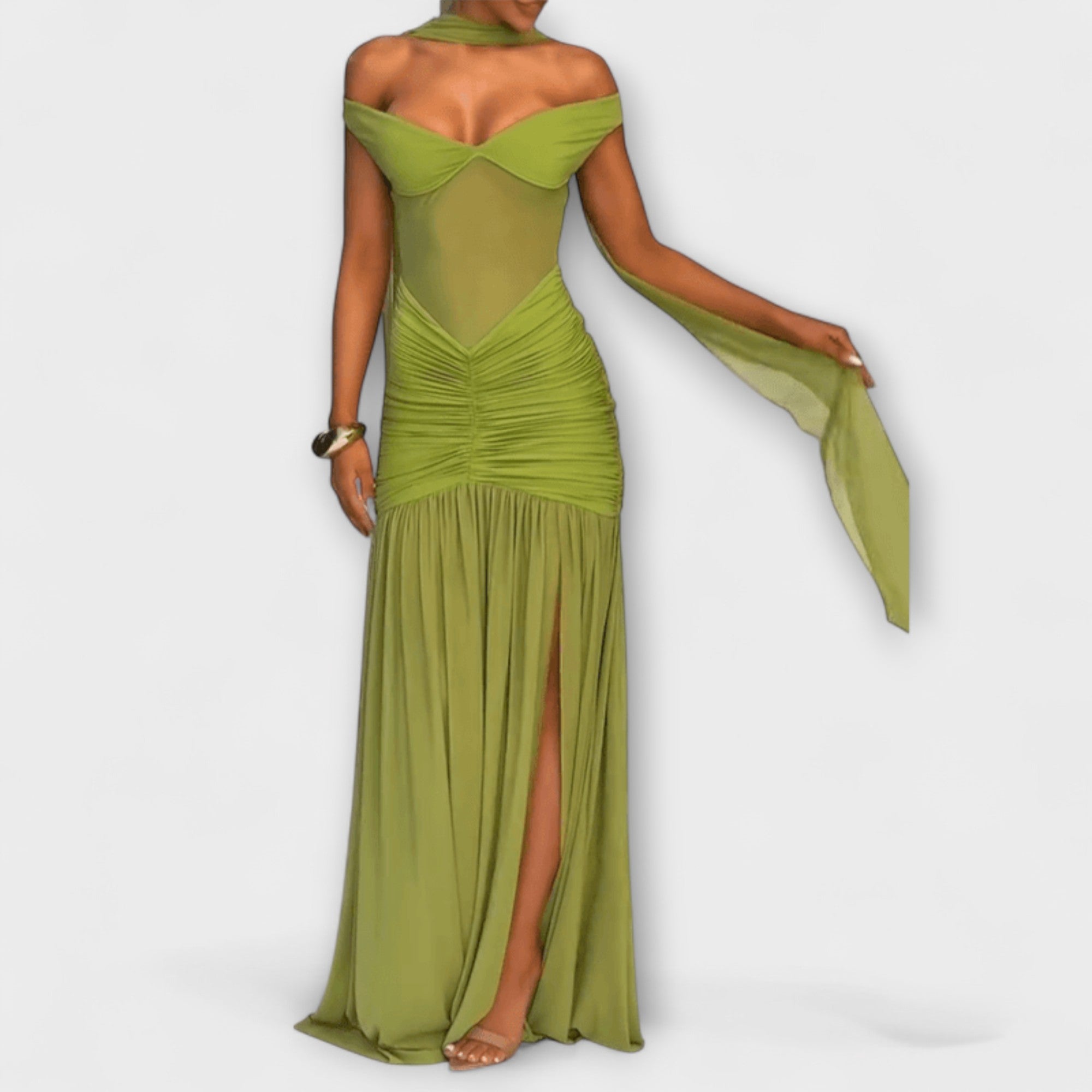 Nicole - Robe longue vert olive à encolure en V