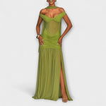 Nicole - Robe longue vert olive à encolure en V