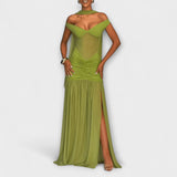 Nicole - Robe longue vert olive à encolure en V