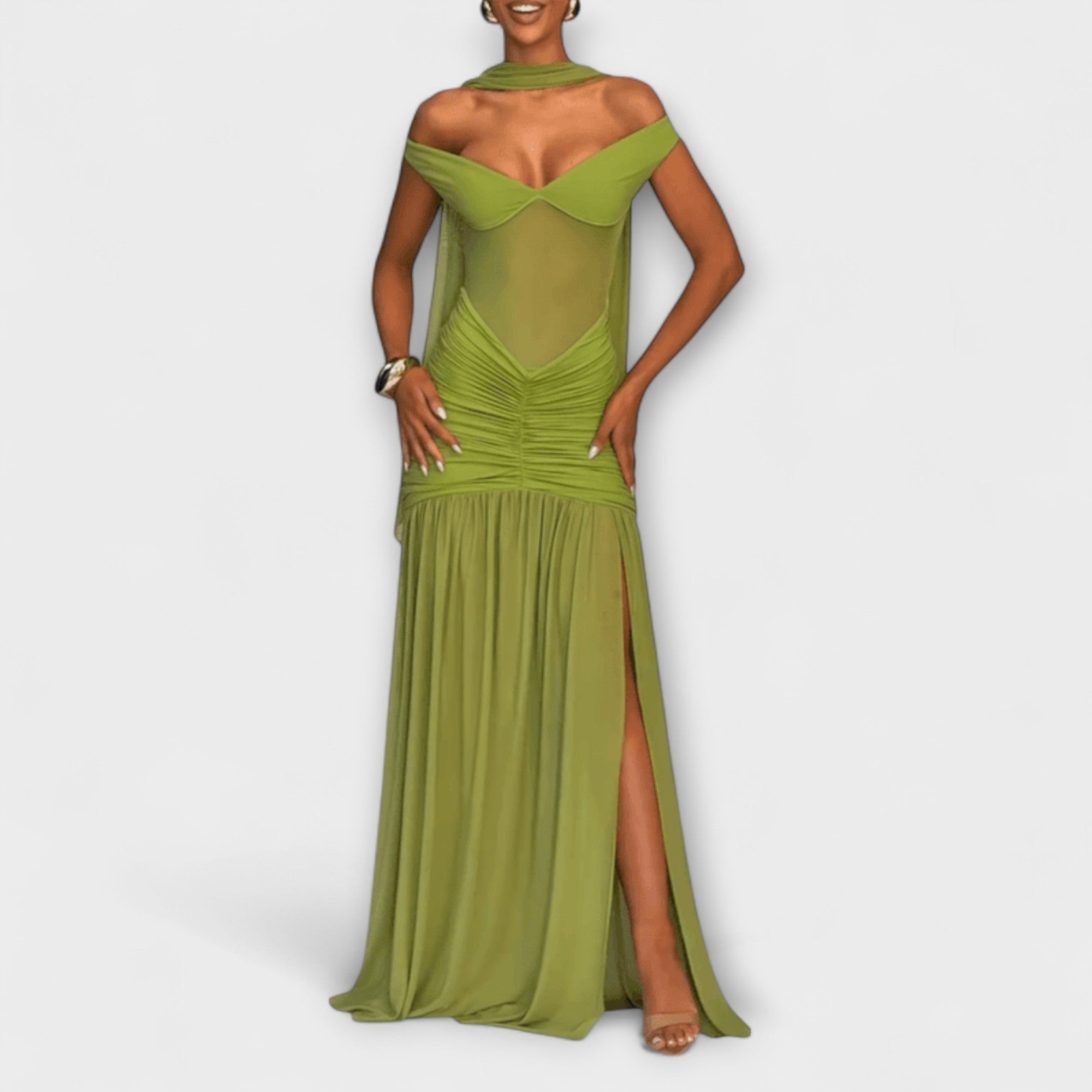 Nicole - Robe longue vert olive à encolure en V