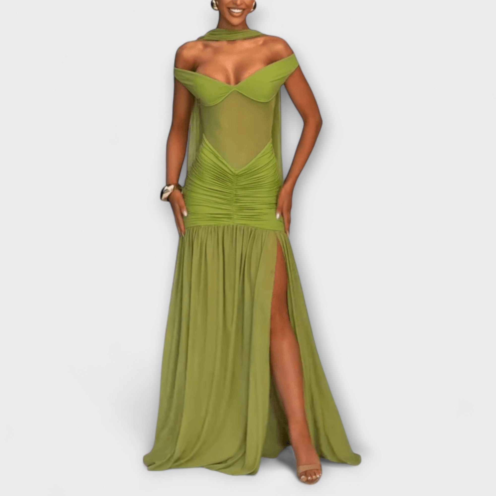 Nicole - Robe longue vert olive à encolure en V