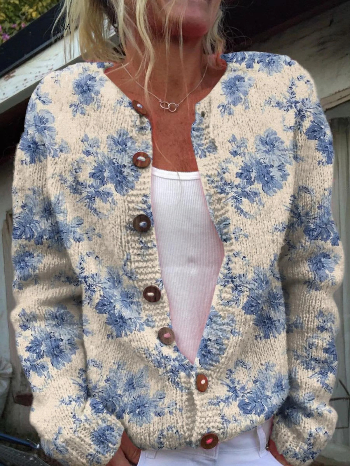 Gaynor | Cardigan crème à fleurs bleues