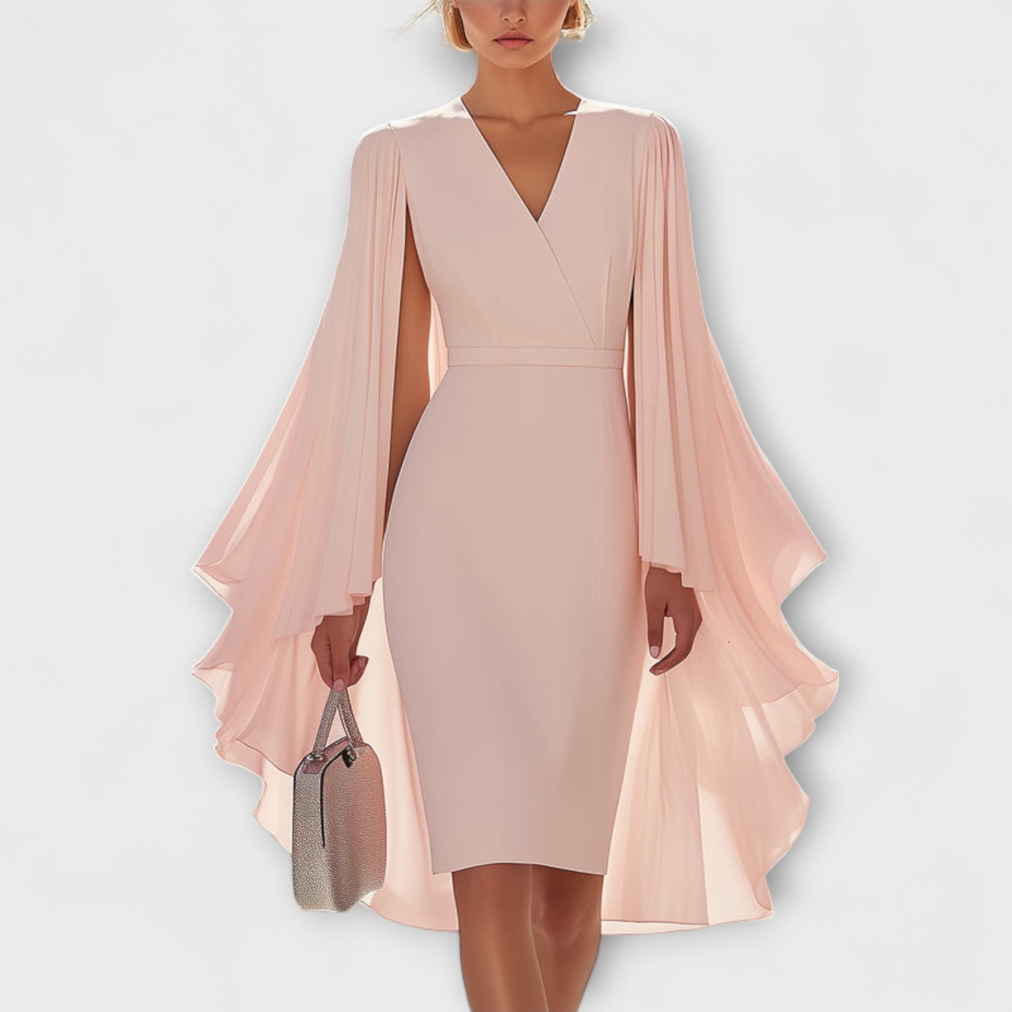 Rachel - Hellrosa – Robe midi à col en V et manches en mousseline