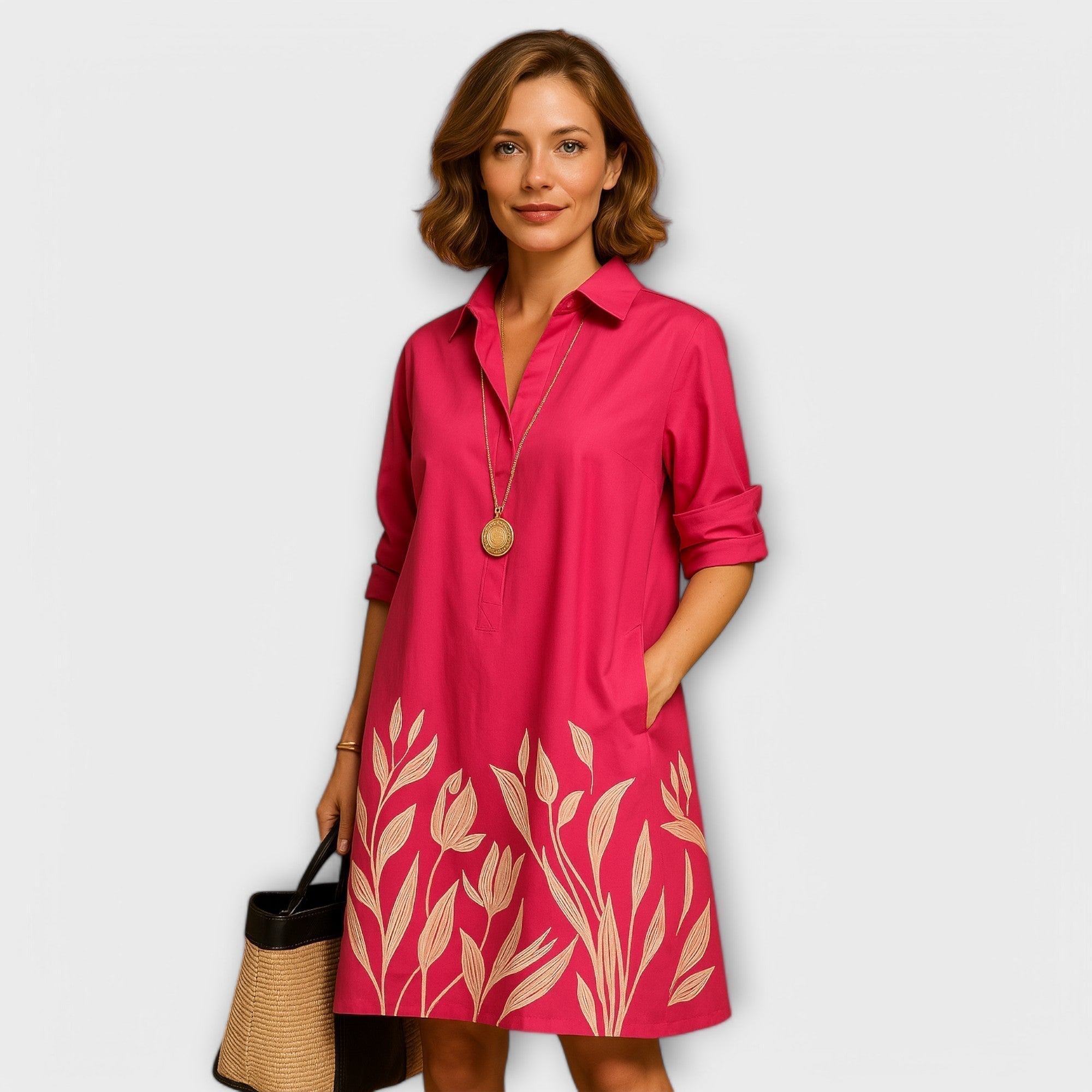 Robe chemise moderne à col et manches trois-quarts