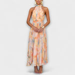 Robe longue à imprimé aquarelle et col halter