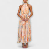 Robe longue à imprimé aquarelle et col halter