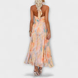 Robe longue à imprimé aquarelle et col halter