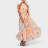 Robe longue à imprimé aquarelle et col halter