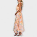 Robe longue à imprimé aquarelle et col halter