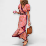 Robe longue rose élégante à manches courtes