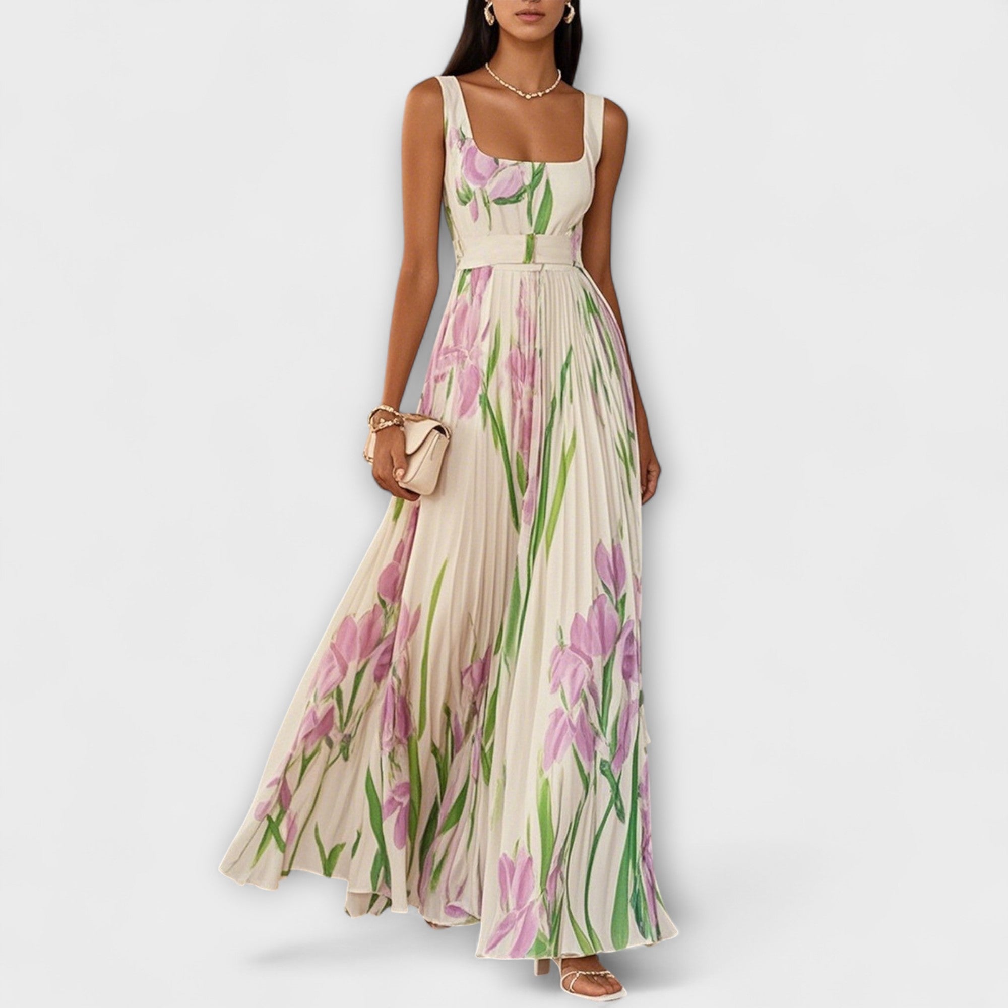 Rosalind | Robe longue en chiffon fleuri plissé avec ceinture