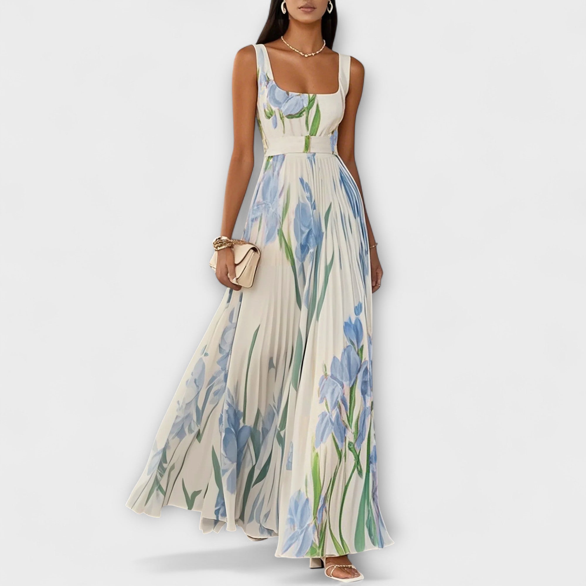 Rosalind | Robe longue en chiffon fleuri plissé avec ceinture
