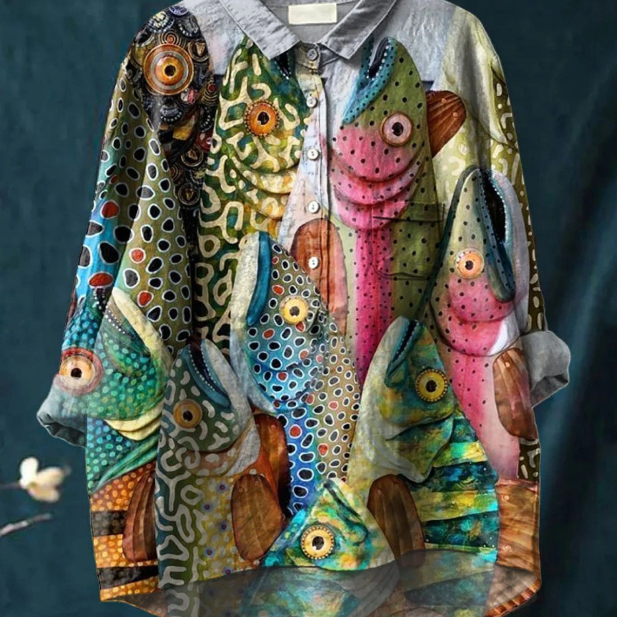 Rose | Blouse décontractée vintage à imprimé poisson fantaisie